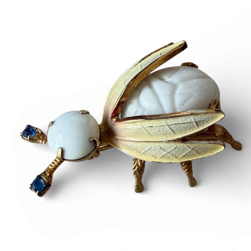 VTG Werner Figural Bug Brooch Scarab White Ivory Blue Rhinestone Pin Gold Tone